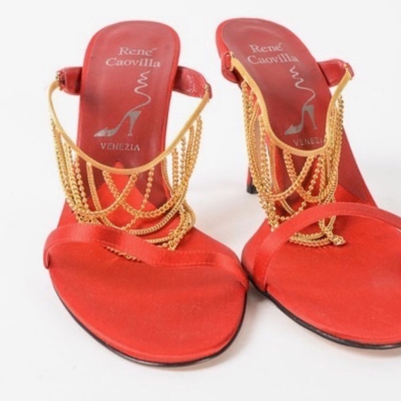 Rene Caovilla Red and Gold Chain Heels - Picture 3 of 8